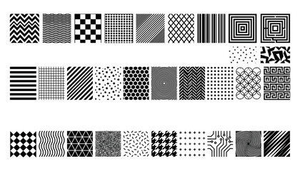 Fototapeta premium Abstract Black and White Seamless Geometric Pattern Set with Checkerboard Stripes Polka Dots and Chevron Swatches for Graphic Design Backgrounds