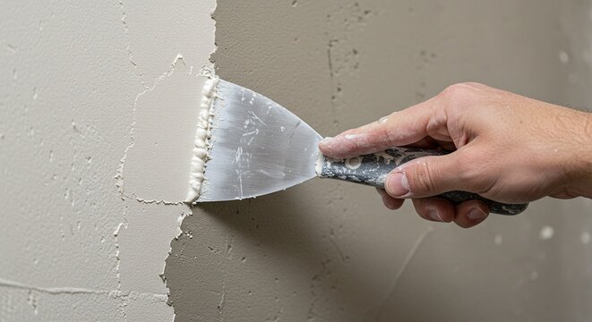 Worker applying a fresh layer of spackle or plaster to a wall with a putty knife.Concept of home renovation and interior finishing.