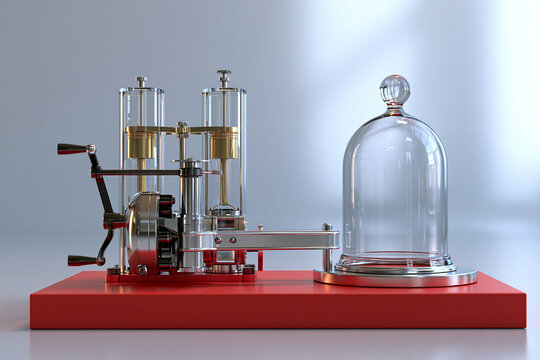 A detailed 3D rendering of a vintage brass and glass vacuum pump next to a glass bell jar. Illustrates scientific principles and historical physics experiments.