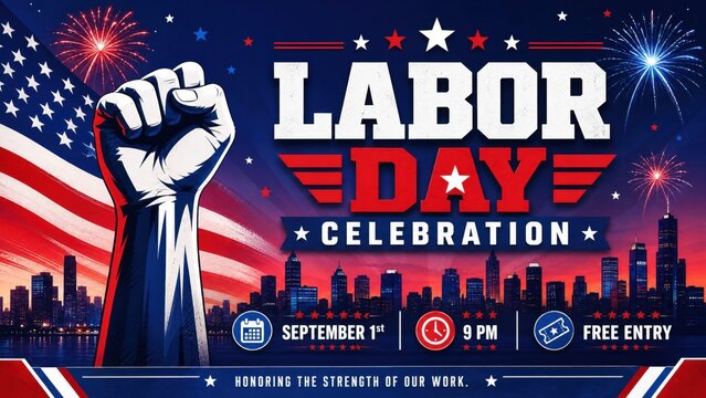 Labor day celebration poster with raised fist, fireworks, and city skyline