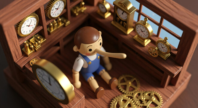Wooden Puppet with Long Nose Sitting in Vintage Clockmaker Workshop