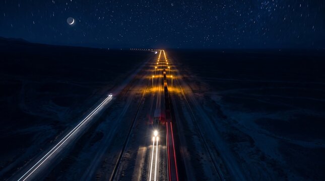 Train moving through industrial rail yard at night with long exposure lights exposure industrial movement transportation logistics shipping