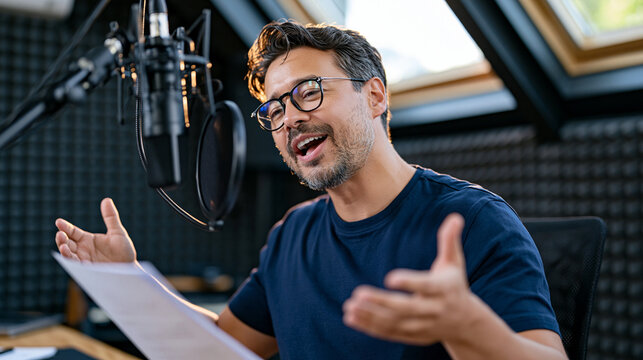 Voice actor in a recording studio under harsh midday sun streaming through skylights, script in hand mid performance, mouth open wide, arms gesturing broadly, the physical commitment of the process 