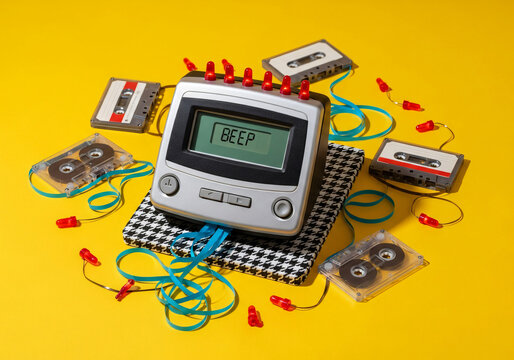 Retro Digital Pager with Cassette Tapes and Earplugs on Yellow