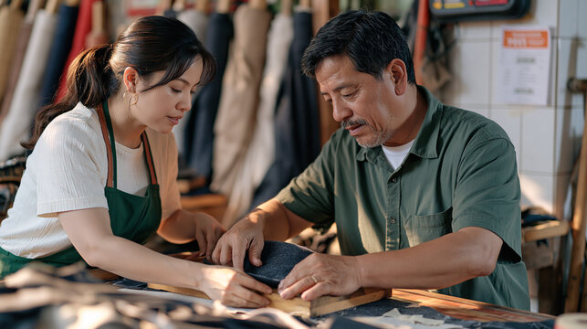 A milliner couple in a modest tiled workshop adjust a finished felt hat together on a wooden form, bolts of fabric around them and a money transfer receipt pinned above the worktable suggesting migr