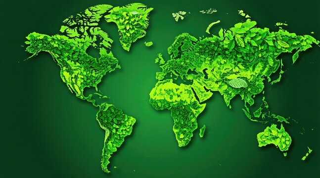 World map made of fresh green leaves on dark background. Earth globe shape formed by organic plant foliage represents ecology nature sustainability. Concept design for environment protection climate
