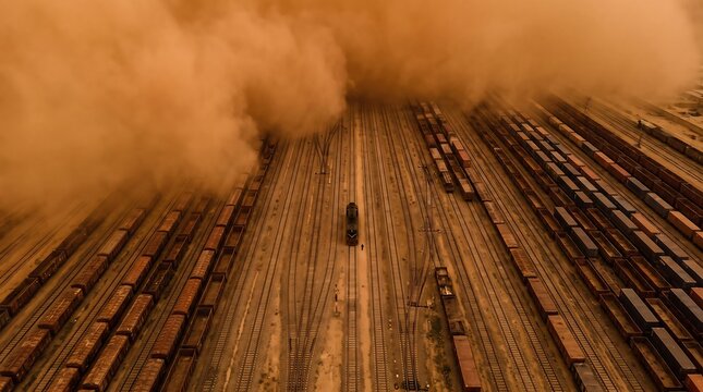 Aerial view of long freight train tracks at a desert railway yard during a massive sandstorm with sandstorm logistics transport industrial