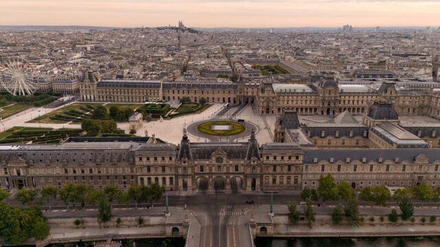 Louvre Palace and formal gardens in an elevated Paris city view