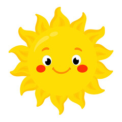 Cute smiling yellow sun with cheerful face and rosy cheeks. Bright friendly sun character suitable for summer, sunny weather, sunshine, children, preschool, nursery and educational themes.