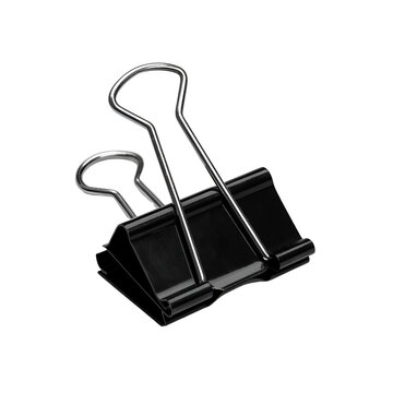 A single black metal binder clip used for organizing documents and holding papers together firmly