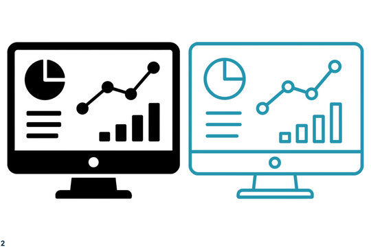 Data analytics dashboard icons on computer monitors, business financial report charts, flat and line vector graphics ,Clean grouped each Icon