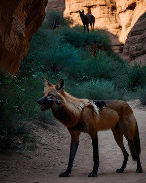 A maned wolf in a shadow carved canyon