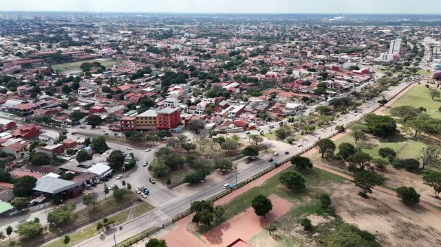 Urban real estate development slow tracking shot from drone.