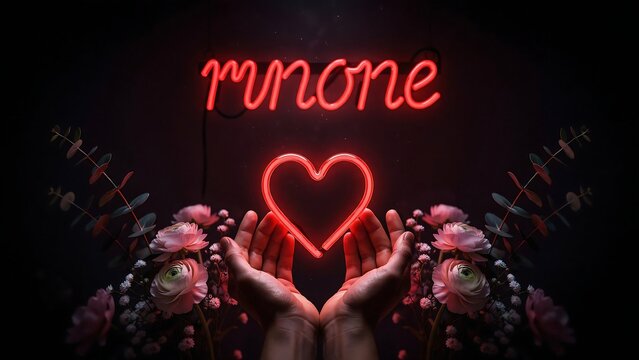 Romantic neon heart with love hands and flowers glowing at night