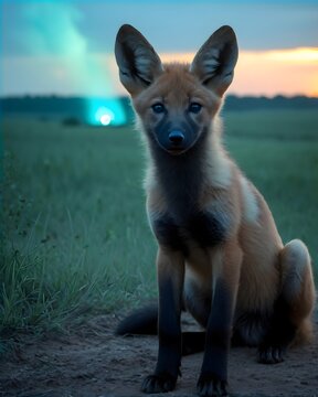 A maned wolf pup in a horizon stormfield