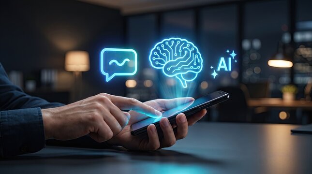 Artificial intelligence and chatbot technology, person using smartphone with glowing AI brain and chat icons, digital transformation and machine learning concepts
