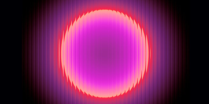 Abstract glowing neon pink and orange vertical circle on dark purple background. Minimalist futuristic ring texture with glass effect for tech logo branding, pop music cover and modern poster.