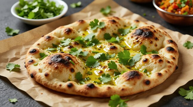 Hot round Indian naan bread rests on brown parchment paper. Golden baked dough topped with melted butter, fresh green cilantro leaves. Savoury garlic flatbread snack serves as delicious culinary meal