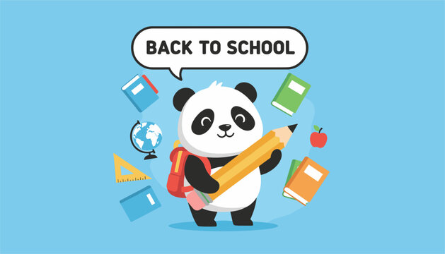 Cute cartoon panda dressed up as a student with a big pencil and backpack celebrating back to school season.