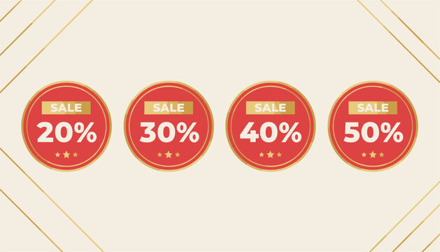 Group of four circular red sale and discount labels with gold borders showing twenty thirty forty and fifty percent off.