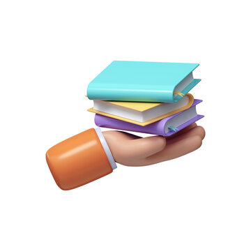 3D Hand Holding Stack of Books. Colorful 3D illustration of a hand holding a stack of books, symbolizing education, learning, knowledge and reading