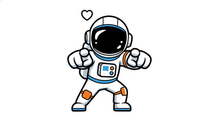 Obraz premium Cute cartoon astronaut pointing forward with both hands and showing a small love heart above his helmet on white.