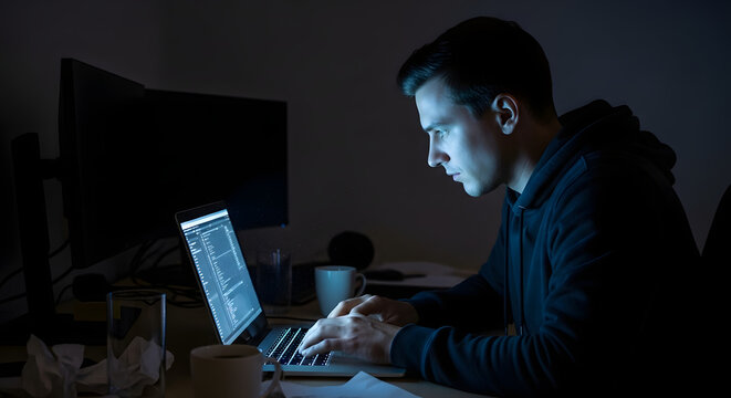 Male developer works on laptop at night in dark room with blue screen lighting.