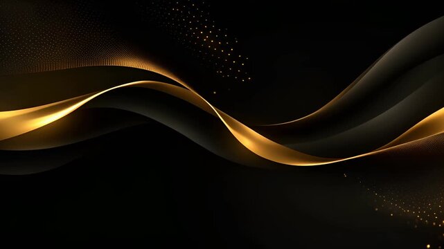 Abstract black and gold wave background with glowing dots.