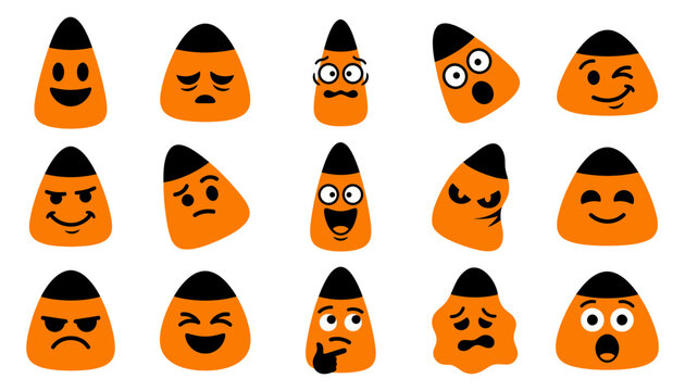 A collection of cute halloween candy corn characters featuring various funny facial expressions and emotions for seasonal holiday designs