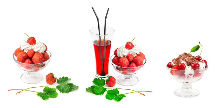Assorted Berry Desserts Featuring Ripe Strawberries, Cream, Sweet Cherries, and Red Juice Isolated