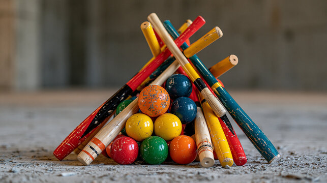 Juggler props including clubs pins and colored balls arranged in a symbolic still life on an industrial concrete floor, performance equipment artisan crafted tools stage performer circus arts still 