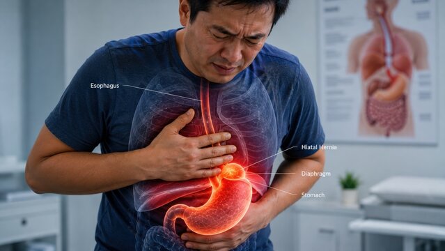 Man suffering chest and stomach pain with hiatal hernia and diaphragm highlighted.