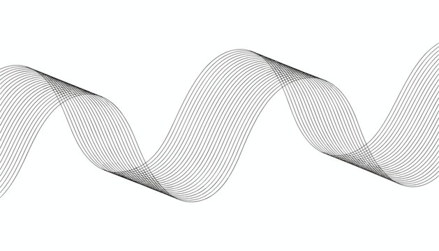 Abstract wave of fine black parallel lines flowing across a white background representing soundwaves or motion.