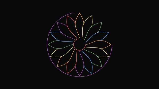 Minimal Geometric Line Mandala Sacred Geometry Seamless Motion. Variant A (Colorful) Line Art Mandala Animation on Dark Background. use as a title intro background element, 