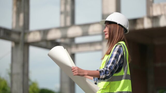 Architects and construction engineers review structural and architectural plans at a building site. Concept of construction planning, structural design, teamwork, and project development.