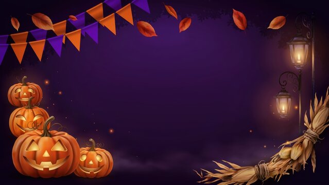 Vibrant Halloween festive background with stacked jack o lanterns and colorful bunting for a spooky celebration