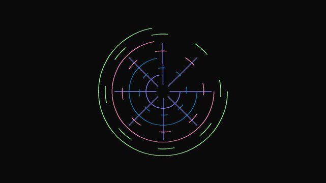 Circular radar graphic element displays geometric crosshairs on a dark background.