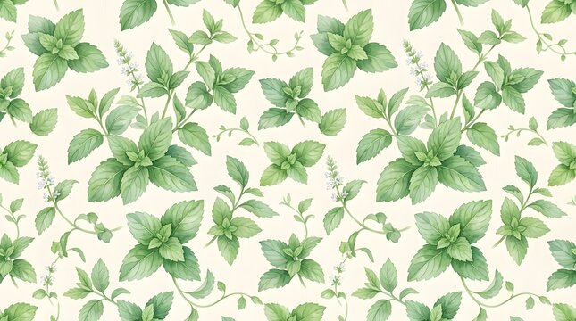 Seamless watercolor pattern of fresh green mint leaves and stems.