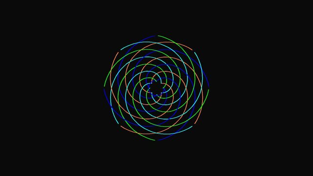Spiral geometric node displays intertwined colorful curved lines on a dark background.
