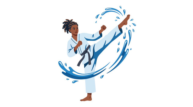 Female martial arts fighter performing a high kick framed by elegant swirls of blue water against a white background.