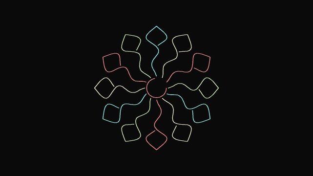 Mandala geometric pattern featuring colorful line art elements over a dark background.