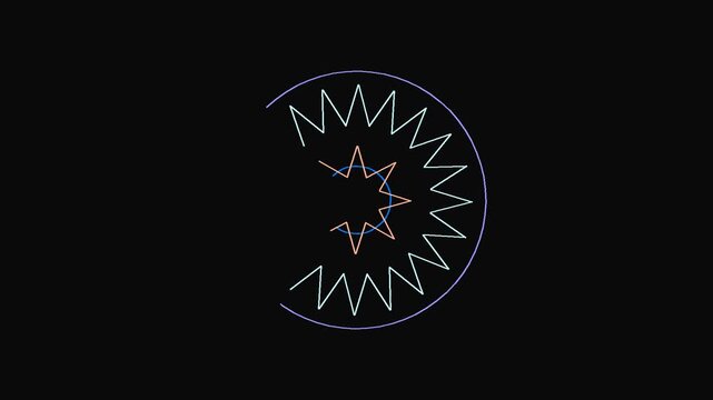 Geometric starburst pattern shows a spiky circular line design against a black backdrop.