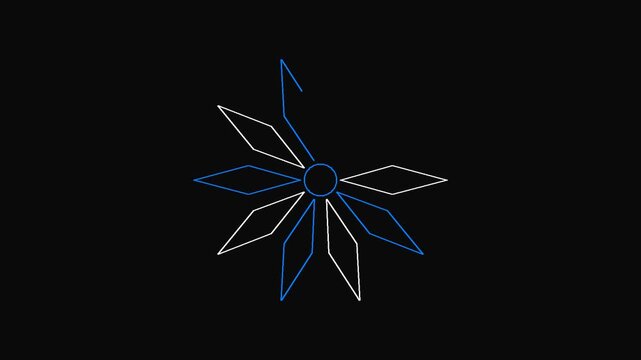 Geometric flower pattern consisting of blue and white diamond shapes glows against a black background.