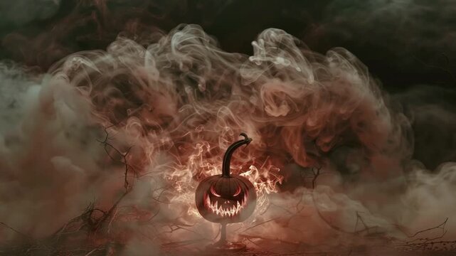 Eerie Halloween Pumpkin with Smoke and Fire Effects