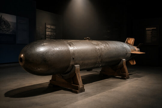 Decommissioned naval torpedo on wooden display cradles in museum, naval history concept