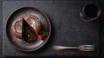 Fototapeta premium Chocolate lava cake with flowing liquid center and red wine on slate board