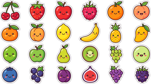 Cute kawaii fruit stickers collection isolated on transparent background