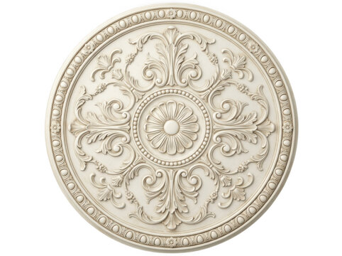 Circular ceiling medallion with a classic floral rosette center and intricate acanthus leaf patterns in an off-white plaster finish isolated on a transparent background