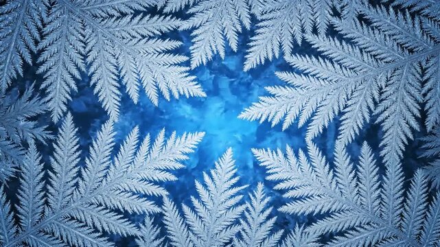White frost crystals growing across a blue glass surface in a winter window frame