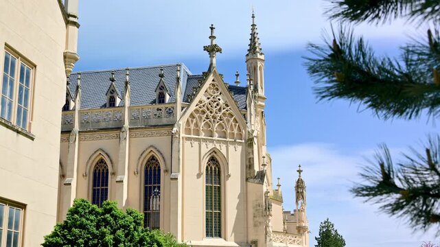 The neo-Gothic facade of Lednice Castle with pointed arch windows and stone pinnacles behind pine branches, Czech Republic